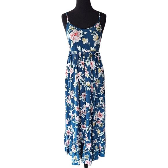 Band Of Gypsies Blue Floral Tiered Maxi Dress XS Boho Spaghetti Straps Festival - Picture 2 of 8